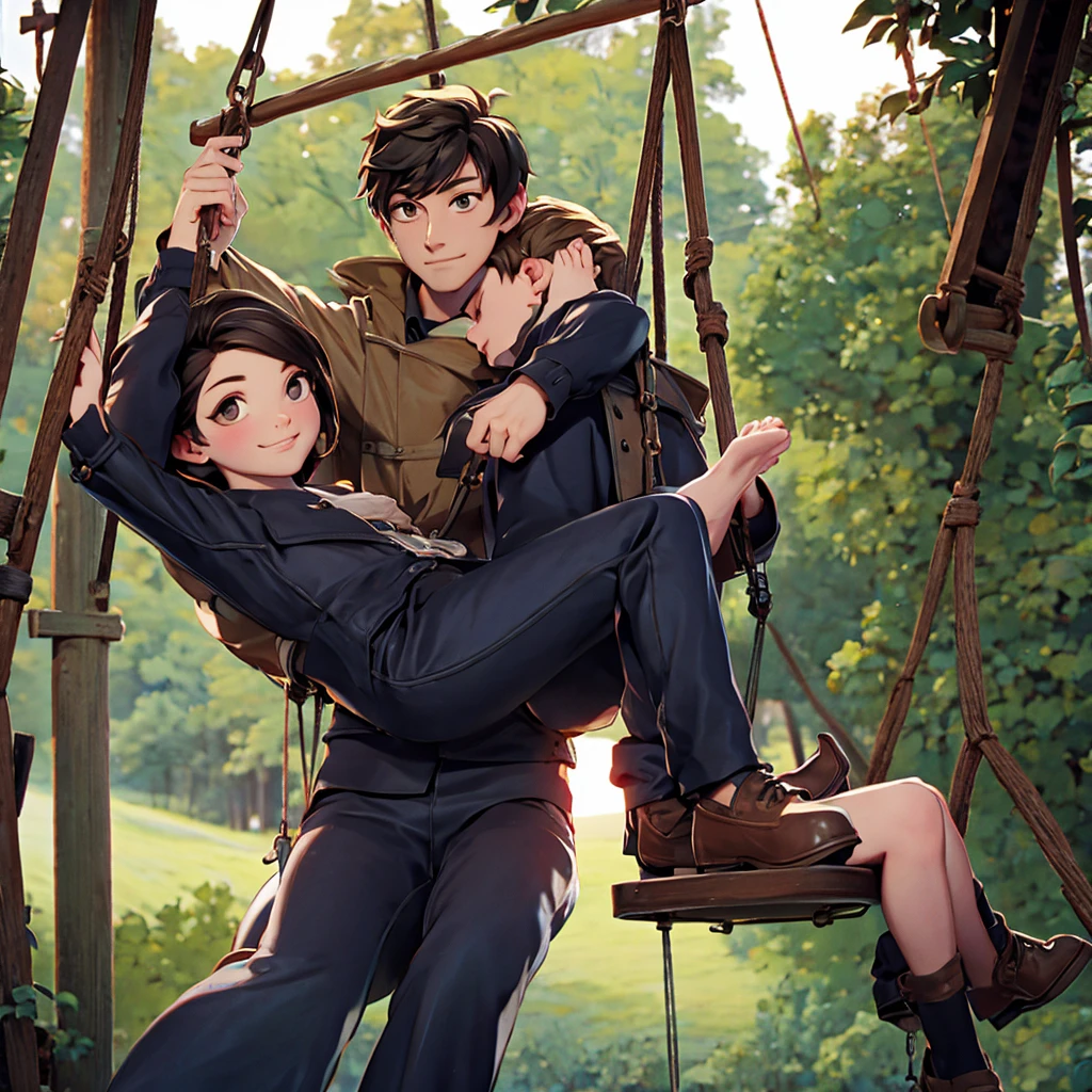 A man sitting on a swing and holding a woman in his arms