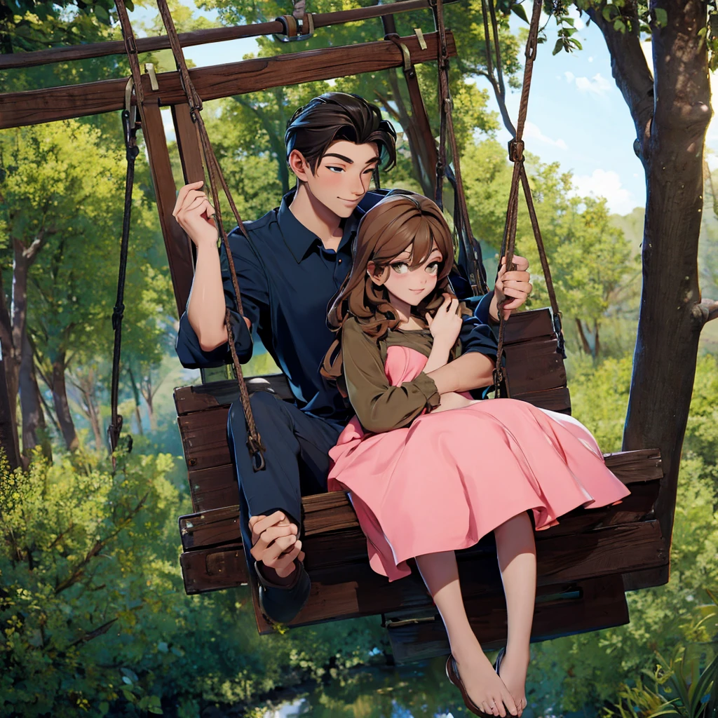 A man sitting on a swing and holding a woman in his arms