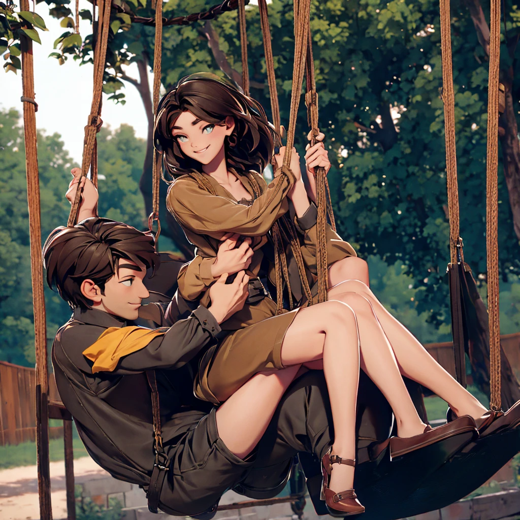 A man sitting on a swing and holding a woman in his arms