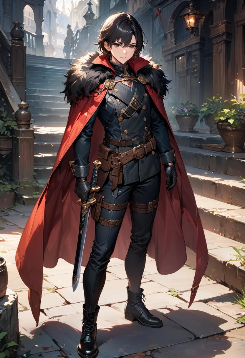 (masterpiece),(best quality),(ultra-detailed),(best illustration),(best shadow),(absurdres),(detailed background),(very aesthetic), 1boy, weapon, solo, male-focus, sword, boots, black-hair, fur-trim, looking-at-viewer, standing, sheath, gloves, full-body, pants, jacket-on-shoulders, sheathed, holding, black-footwear, belt, black-pants, black-gloves, jacket, cape, closed-mouth, knife, coat-on-shoulders, coat, stairs, cup, thigh-boots, black-cape, dagger, leather, black-eyes, holster, long-sleeves, indoors, short-hair, thigh-strap, cross-laced-footwear, scabbard, medium-hair