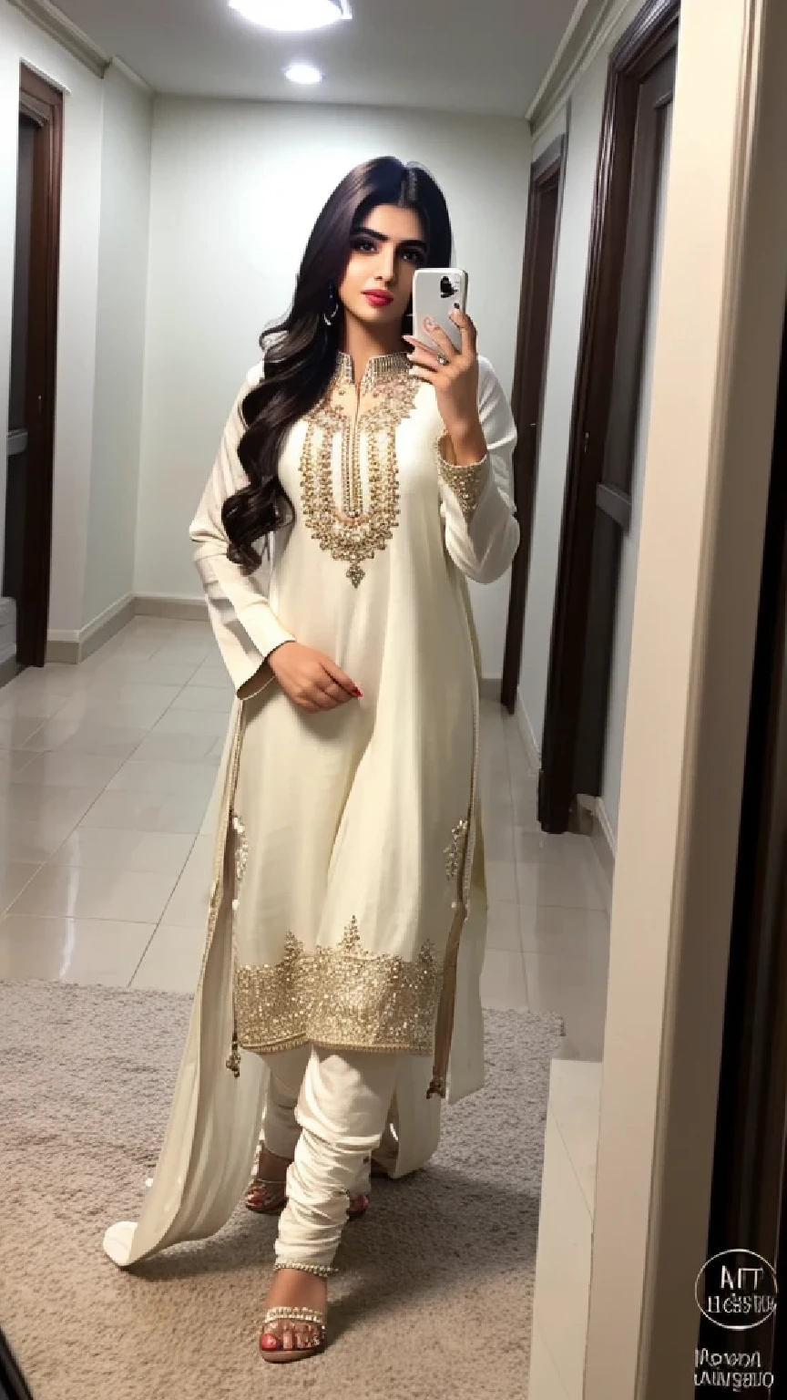 22 year old girl, pakistani, straight hair, white skin tone, selfie, flawless skin, hyper realistic, realistic, full lips, instagram lut, RAW, full body, high resolution, 8k, detailed, wearing salwar kameez, high resolution, lights, wedding, pose, night, parking lot, full body photo, high heels, ultra high resolution