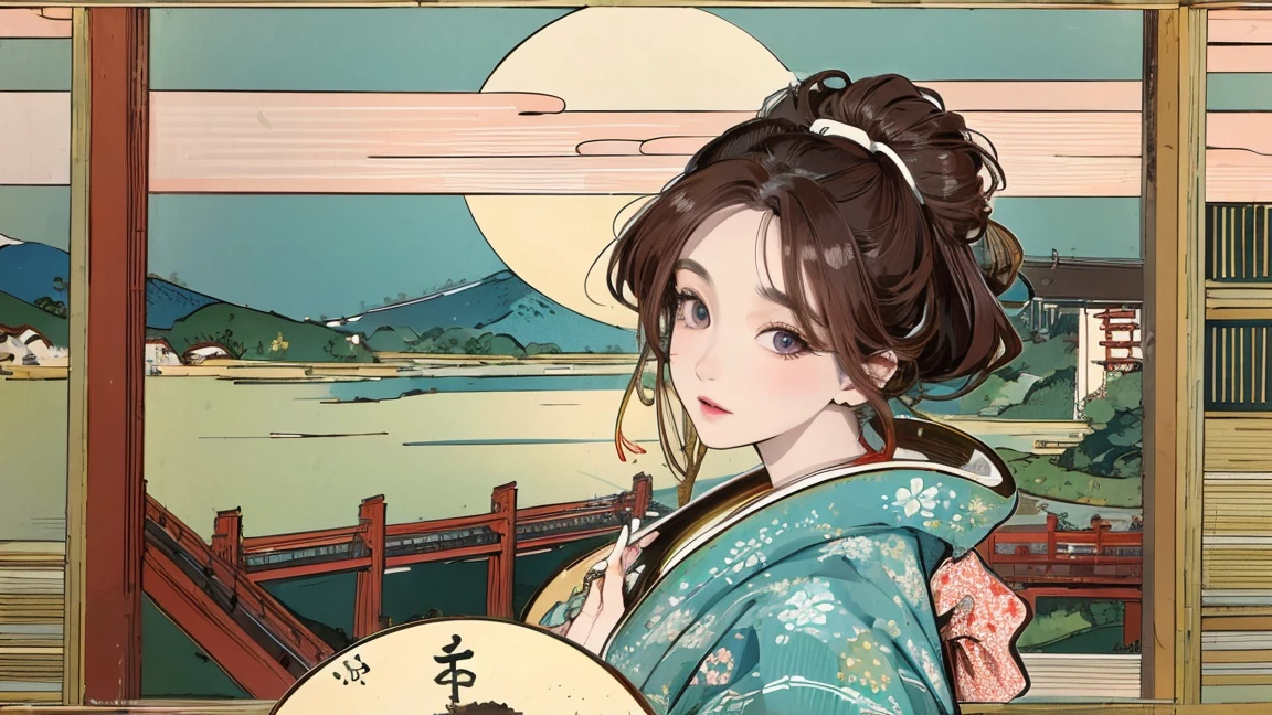 (Highest quality、 8k 、masterpiece、High resolution)、(whole body)、Vibrant colors、Brown-black bob、Traditional topknot、Ample breasts、(Highly detailed face and eyes,Beautiful Face,Beautiful Eyes,Beautiful nose,Pretty lips)、Official Art、Ukiyo-e style、 (Beautiful woman in kimono)、(Vivid floral patterned kimono)、background、river、bridge、Mountain、wood、Starry Sky、moon、plum、Lantern、