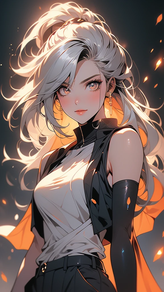 4K Ultra HD, Masterpiece, A girl with a magical aura, (good face:1.2), very Long hair, Detailed eyes, Glossy lips, Girl pointing a gun at the camera, crazy look, beautiful orange eyes, silky silver hair, turtleneck shirt, sleeveless jacket, black pants, crazy smile, cyberpunk style, crimson and bloody color scheme, neon ink shading, glowing outline effect, glowing ink effect, dripping ink effect, white background, epic composition, cinematic scene, (perfect details: 1.1), (beautiful and clear background: 1.2), (extremely detailed computer graphics, ultra detailed, best shadow: 1.1), (finely detailed beautiful eyes), ( full-length 1.1)