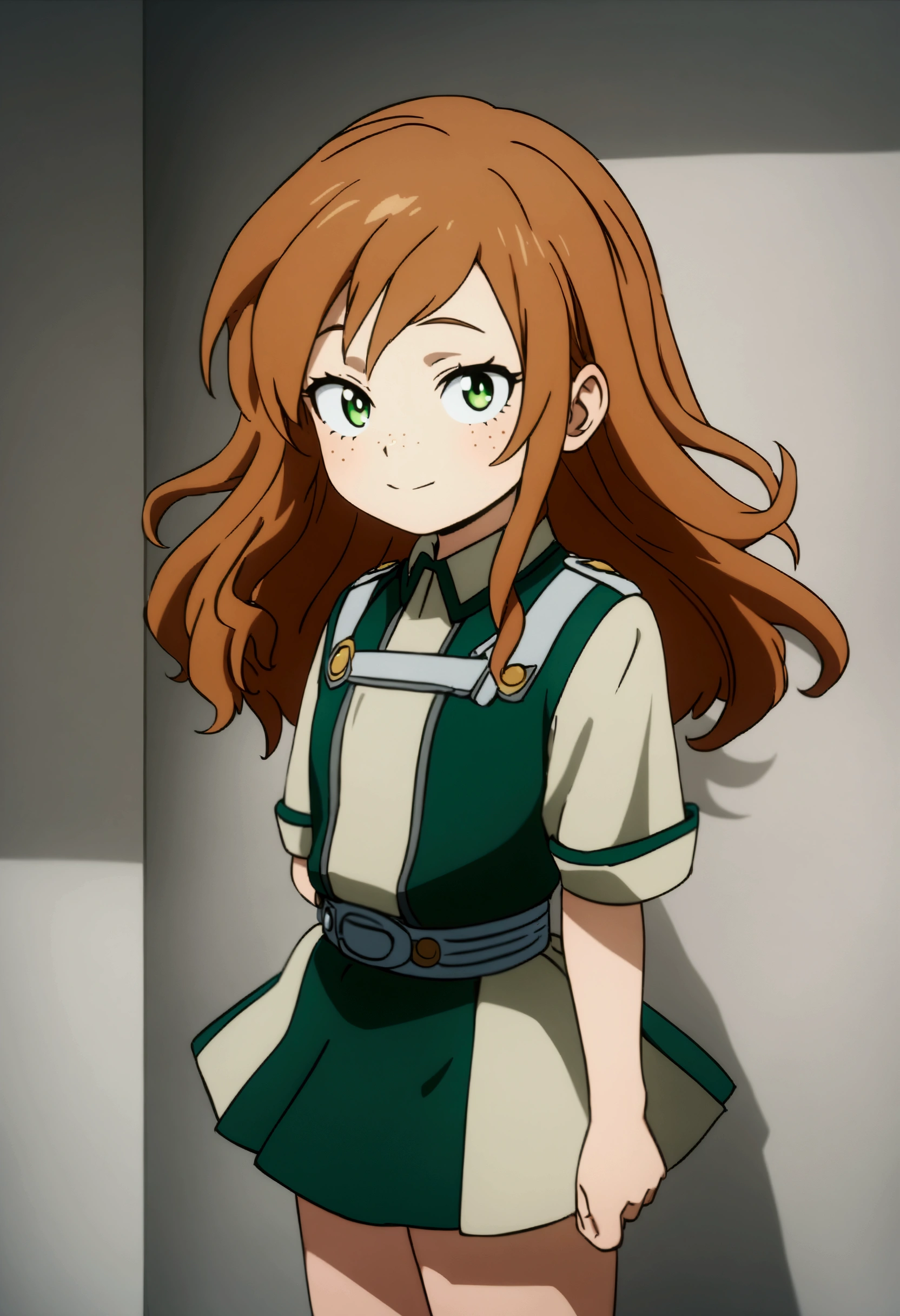 She is a 10 year old kid, ( looking at the Viewer), she has slightly disheveled long ginger hair, light brown eyes, with some freckles on the nose area  , fit body , anime art slyle my hero academy , , cute face , she is dressed in the anime female uniform "my hero academia",   , 8k, high quality, masterpiece, , cinematic, vivid colors, shining green eyes