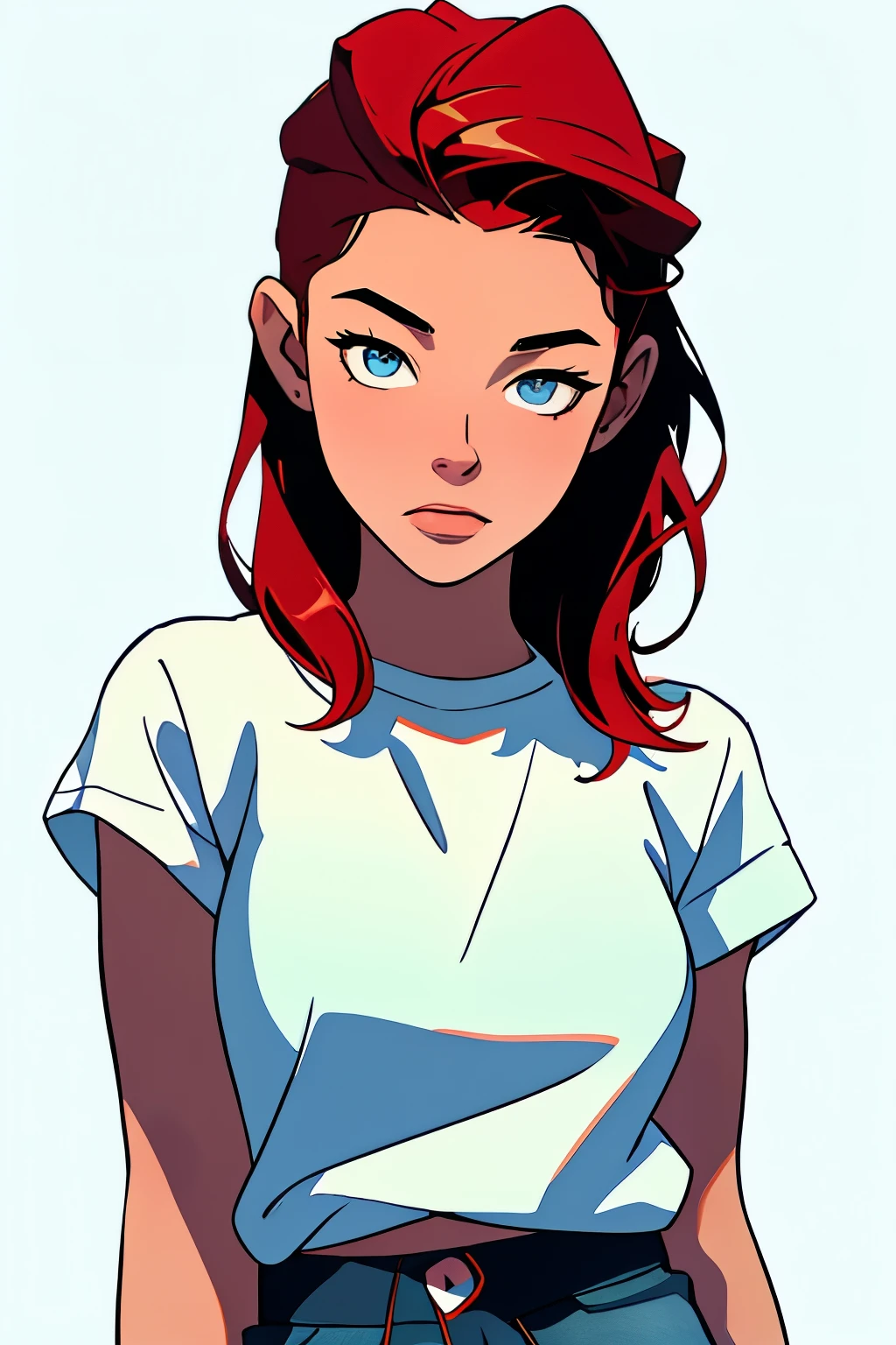 masterpiece, best quality, close up,1girl,the highest image quality, 21-year-old woman, looks like Olivia Dunne, bright red hair, blue eyes, wearing a white graphic tee and denim shorts, large breasts, White background, empty background, waist up standing and writing in a notebook