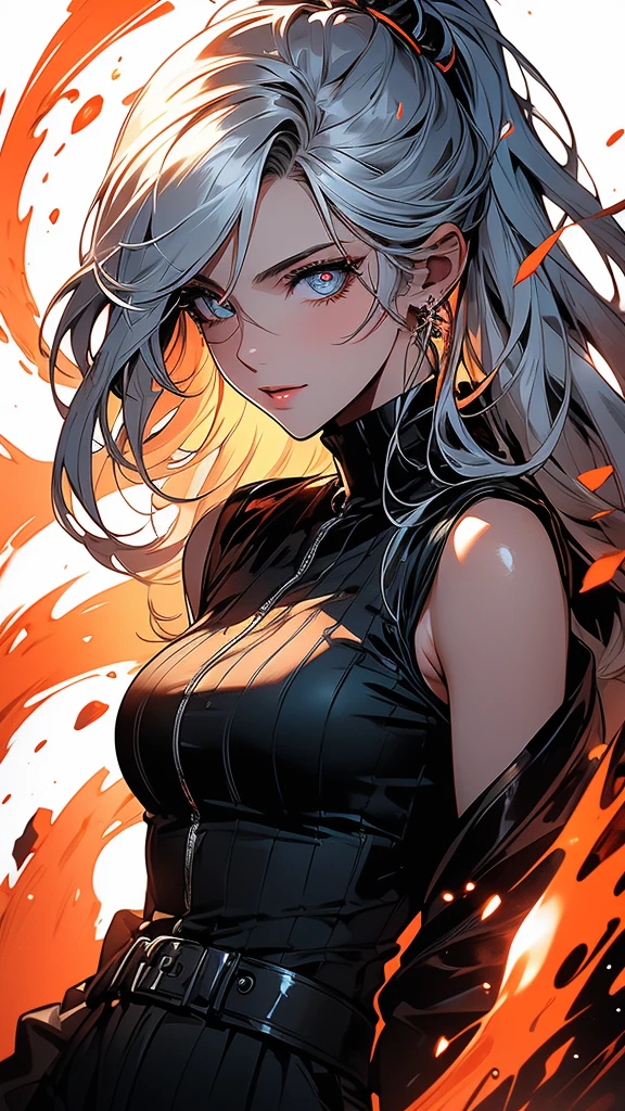 4K Ultra HD, Masterpiece, A girl with a magical aura, (good face:1.2), very Long hair, Detailed eyes, Glossy lips, Girl pointing a gun at the camera, crazy look, beautiful orange eyes, silky silver hair, turtleneck shirt, sleeveless jacket, black pants, crazy smile, cyberpunk style, crimson and bloody color scheme, neon ink shading, glowing outline effect, glowing ink effect, dripping ink effect, white background, epic composition, cinematic scene, (perfect details: 1.1), (beautiful and clear background: 1.2), (extremely detailed computer graphics, ultra detailed, best shadow: 1.1), (finely detailed beautiful eyes), ( full-length 1.1)