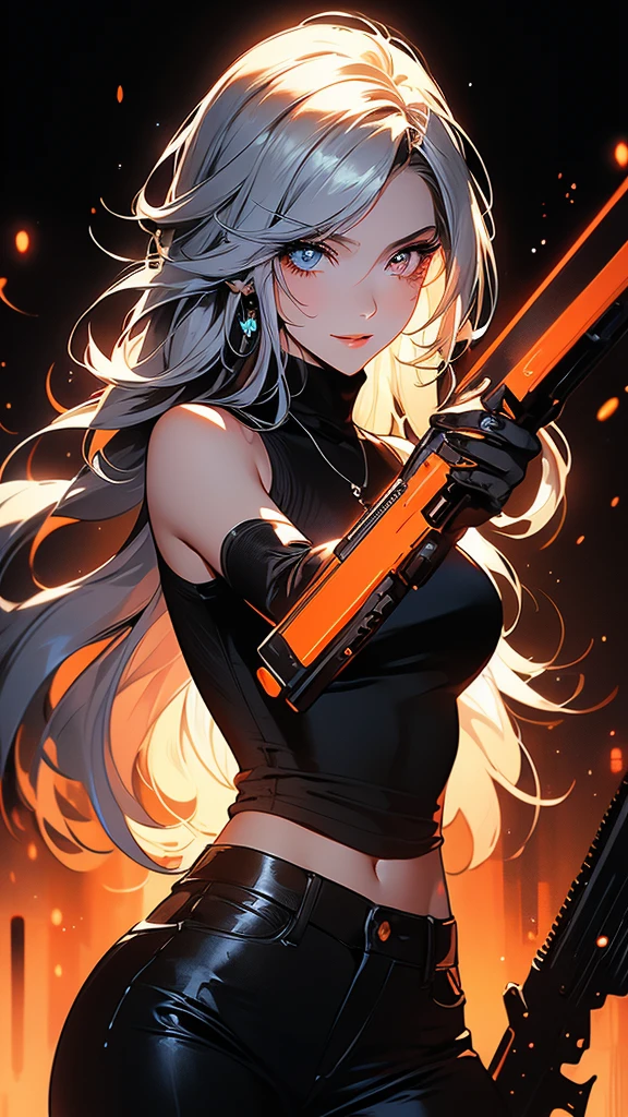4K Ultra HD, Masterpiece, A girl with a magical aura, (good face:1.2), very Long hair, Detailed eyes, Glossy lips, Girl pointing a gun at the camera, crazy look, beautiful orange eyes, silky silver hair, turtleneck shirt, sleeveless jacket, black pants, crazy smile, cyberpunk style, crimson and bloody color scheme, neon ink shading, glowing outline effect, glowing ink effect, dripping ink effect, white background, epic composition, cinematic scene, (perfect details: 1.1), (beautiful and clear background: 1.2), (extremely detailed computer graphics, ultra detailed, best shadow: 1.1), (finely detailed beautiful eyes), ( full-length 1.1)