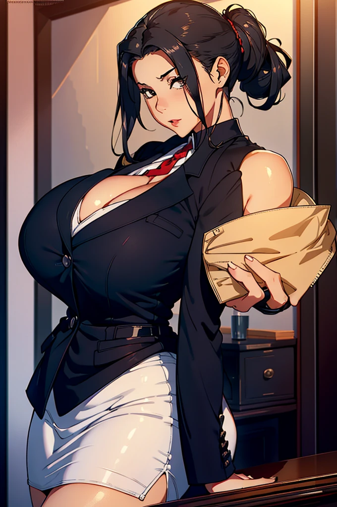 Highest quality, Mature Woman, Huge breasts, Huge Ass, Very curvaceous, High Ponytail, Iris, Fuller lips, Fascinating, Principal uniform, Black blazer, White button up, Pencil Skirt, Exposed cleavage, Lace red bra