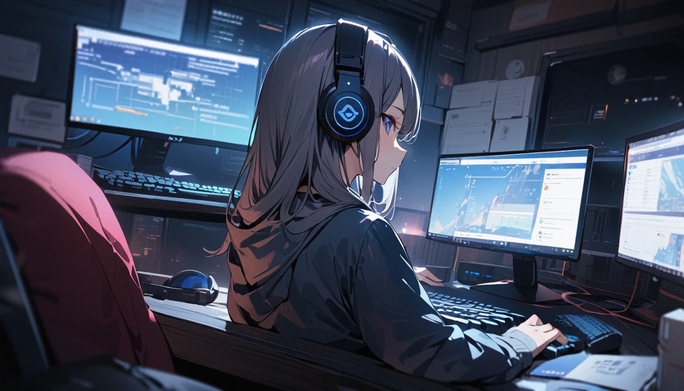 Highest quality,masterpiece,,high resolution,4K,Atmospheric,Detailed Description,Girl typing on a computer keyboard,,Private room,headphone,A foolproof move,Staring at your computer screen