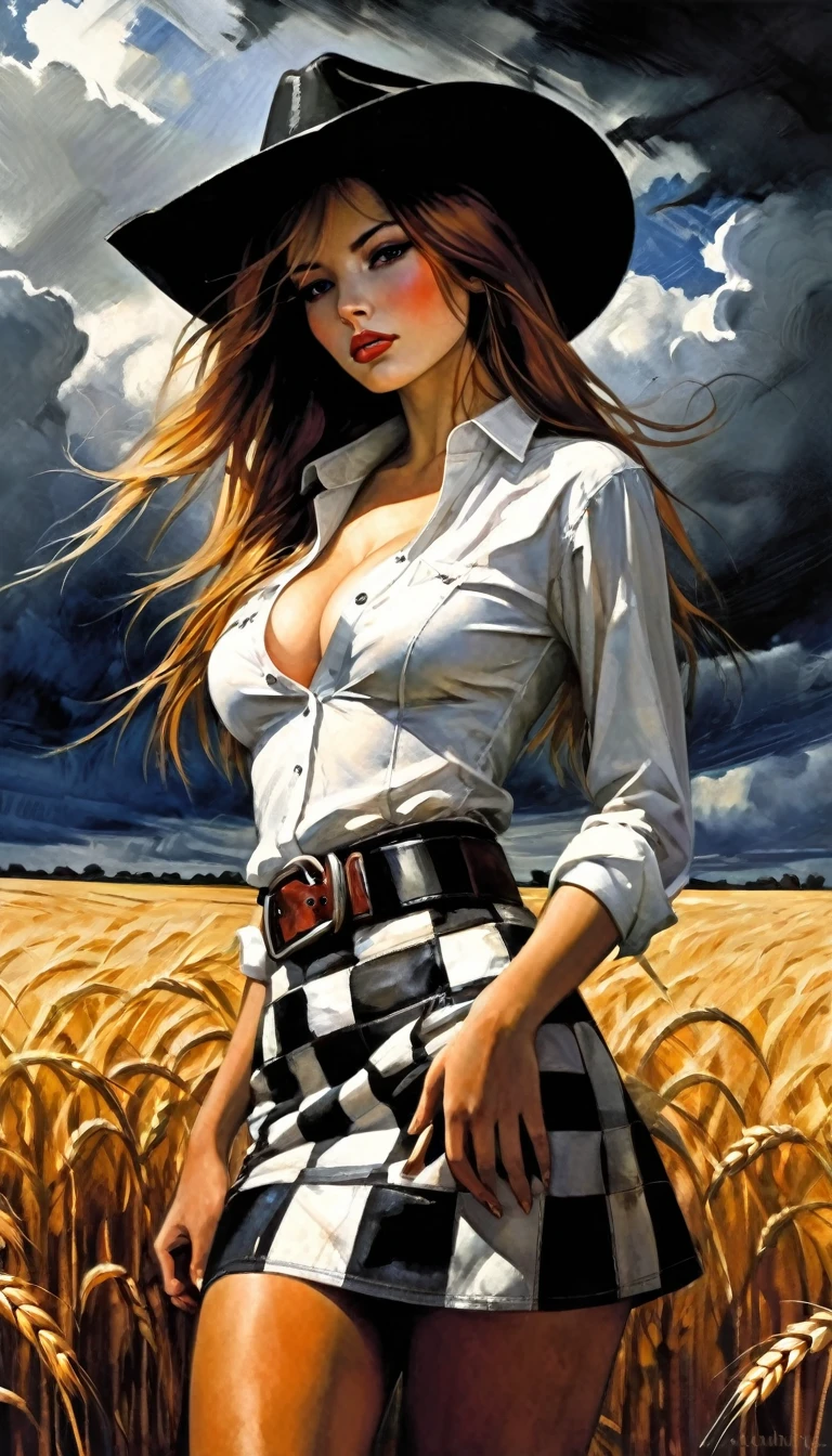 a sexy girl in the middle of a wheat field, very long hair, cowboy hat, perfect ass, unbuttoned white shirt, cleavage, checkered miniskirt, detailed belt, sexy posing, dark clouds, eroticism, sexy image, black and white, between shadows, painting oil painting, chiaroscuro, sensual lighting, dramatic atmosphere, moody, emotional impact, Art inspired by Bill Sienkiewicz
