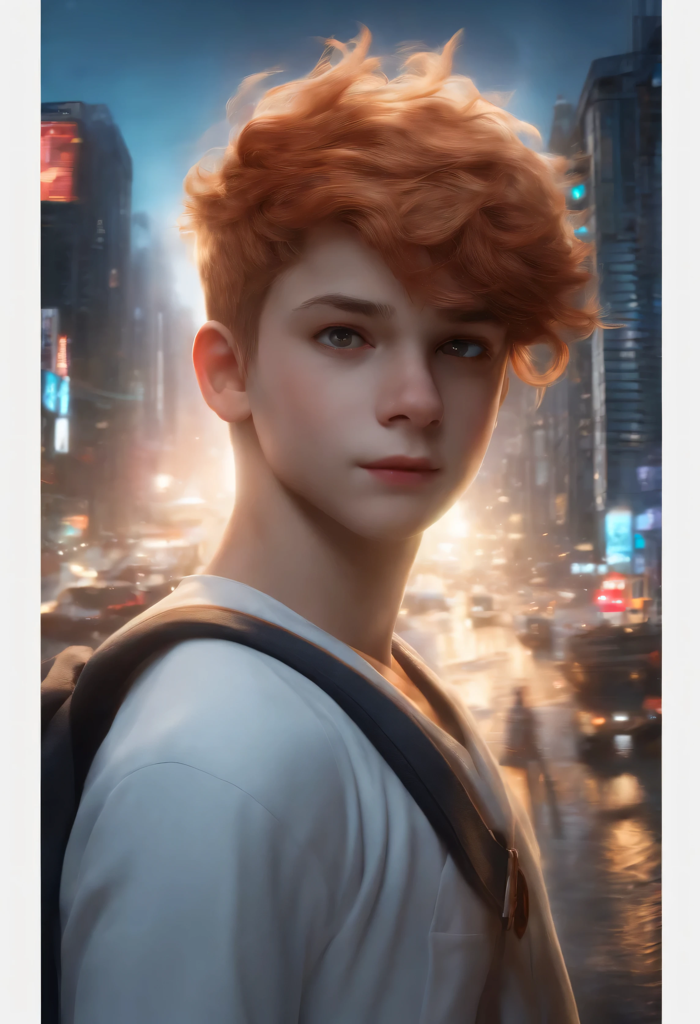 (best quality,4k,8k,highres,masterpiece:1.2),ultra-detailed,(realistic,photorealistic,photo-realistic:1.37),HDR,UHD,studio lighting,ultra-fine painting,sharp focus,physically-based rendering,extreme detail description,professional,vivid colors,bokeh,portraits A boy with short light blue hair, wearing a boy , with glowing red eyes, standing in a bustling city. The boy has a calm and chill expression on his face. He is surrounded by tall buildings and colorful neon lights, creating a vibrant and lively atmosphere. The cityscape extends into the distance, showcasing the vastness and energy of urban life. The boy's blue hair contrasts with the warm tones of the city, making him stand out. His uniform is neat and well-fitted, representing his disciplined and studious nature. The glowing red eyes add a touch of mystery and intrigue to his appearance, hinting at supernatural abilities or a hidden power within him. The portrait of the boy is of the highest quality, with every detail meticulously captured. The lighting in the scene is carefully crafted to enhance the boy's features and create a dramatic effect. The colors are vivid and vibrant, further enhancing the overall impact of the artwork. carrying backpack. wearing sneakers. tired. from a far. yawn. a girl with white hair. wearing girl . carrying bag