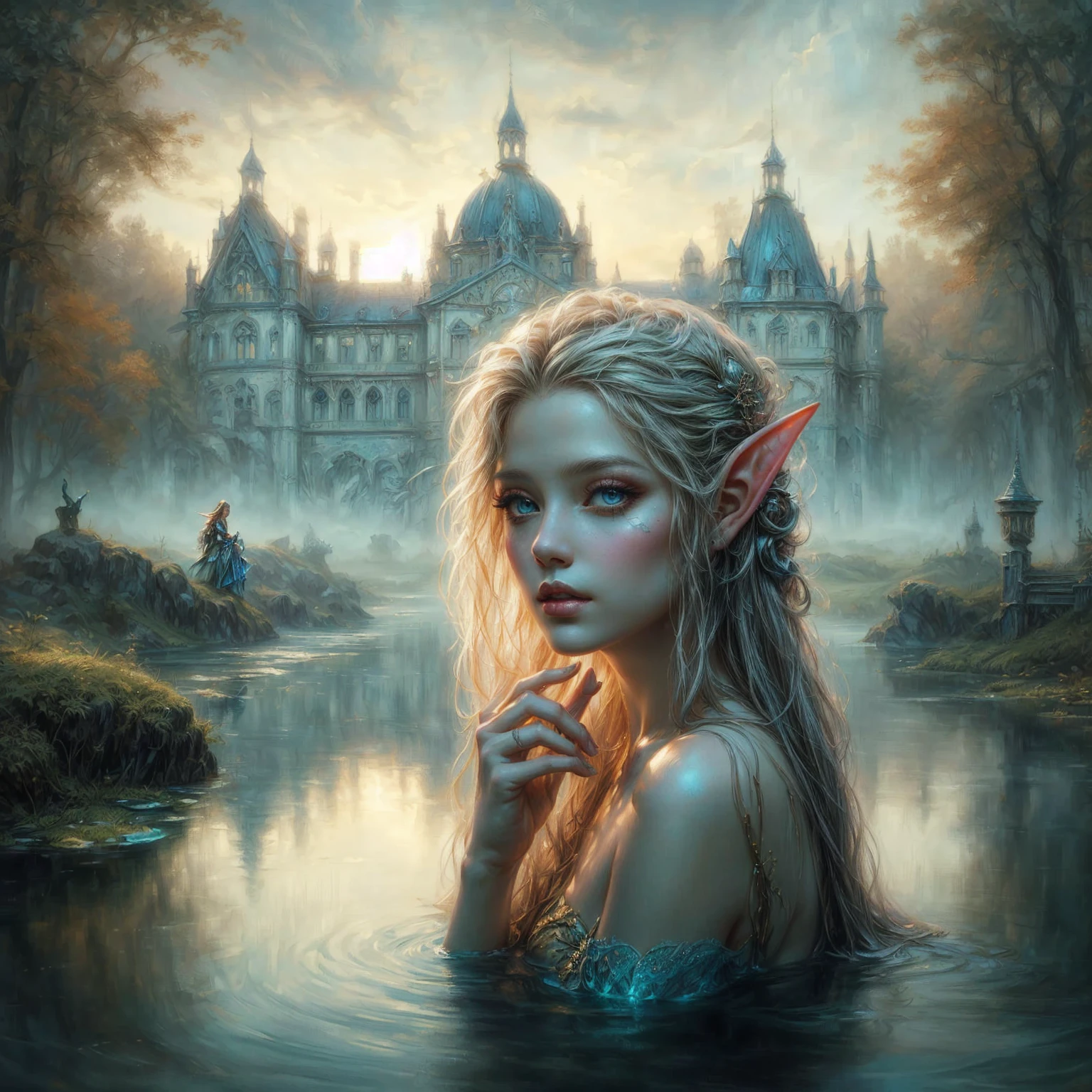 a painting of a woman with long hair and elf makeup in a lake, beautiful fantasy art, beautiful fantasy art portrait, amazing fantasy art, fantasy portrait art, breathtaking fantasy art, fantasy portrait, detailed matte fantasy portrait, fantasy art portrait, realistic fantasy artwork, beautiful fantasy portrait, hyperrealistic fantasy art, realistic fantasy painting, very beautiful fantasy art, fantasy victorian art