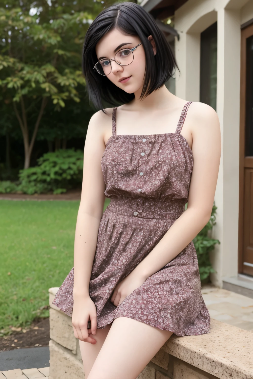 Beautiful age girl, short wavy black hair, rough pale skin, freckles, nerd, nerdy, goth, round glasses, floral dress, short skirt, blushing, thick eyeliner, best quality, beautiful face, playful, cumming