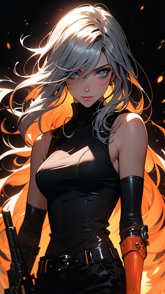 4K Ultra HD, Masterpiece, A girl with a magical aura, (good face:1.2), very Long hair, Detailed eyes, Glossy lips, Girl pointing a gun at the camera, crazy look, beautiful orange eyes, silky silver hair, turtleneck shirt, sleeveless jacket, black pants, crazy smile, cyberpunk style, crimson and bloody color scheme, neon ink shading, glowing outline effect, glowing ink effect, dripping ink effect, white background, epic composition, cinematic scene, (perfect details: 1.1), (beautiful and clear background: 1.2), (extremely detailed computer graphics, ultra detailed, best shadow: 1.1), (finely detailed beautiful eyes), ( full-length 1.1)