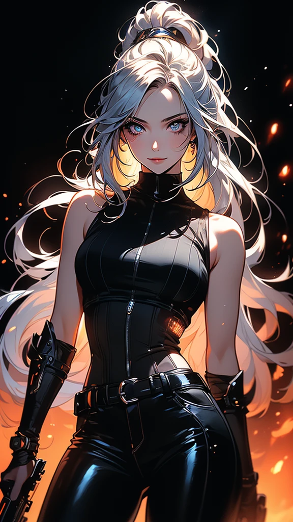 4K Ultra HD, Masterpiece, A girl with a magical aura, (good face:1.2), very Long hair, Detailed eyes, Glossy lips, Girl pointing a gun at the camera, crazy look, beautiful orange eyes, silky silver hair, turtleneck shirt, sleeveless jacket, black pants, crazy smile, cyberpunk style, crimson and bloody color scheme, neon ink shading, glowing outline effect, glowing ink effect, dripping ink effect, white background, epic composition, cinematic scene, (perfect details: 1.1), (beautiful and clear background: 1.2), (extremely detailed computer graphics, ultra detailed, best shadow: 1.1), (finely detailed beautiful eyes), ( full-length 1.1)