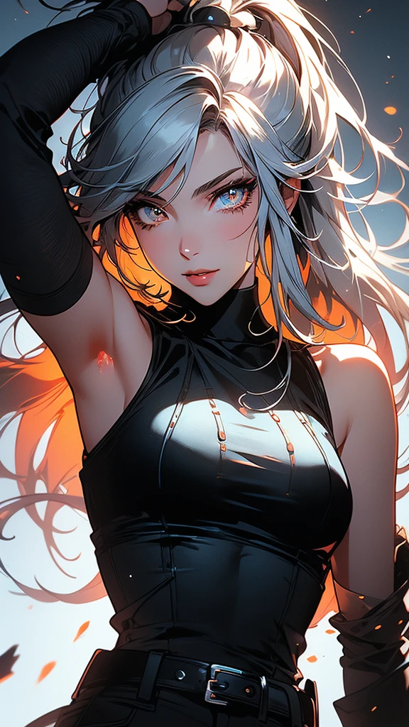 4K Ultra HD, Masterpiece, A girl with a magical aura, (good face:1.2), very Long hair, Detailed eyes, Glossy lips, Girl pointing a gun at the camera, crazy look, beautiful orange eyes, silky silver hair, turtleneck shirt, sleeveless jacket, black pants, crazy smile, cyberpunk style, crimson and bloody color scheme, neon ink shading, glowing outline effect, glowing ink effect, dripping ink effect, white background, epic composition, cinematic scene, (perfect details: 1.1), (beautiful and clear background: 1.2), (extremely detailed computer graphics, ultra detailed, best shadow: 1.1), (finely detailed beautiful eyes), ( full-length 1.1)