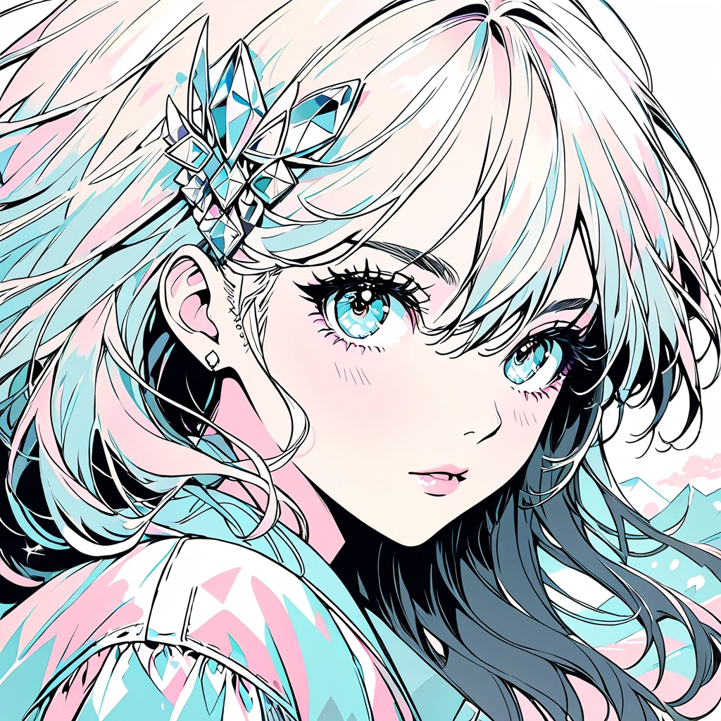 Eyes are diamonds"In pale colors,Like a 80's Jpop record jacket design.Monochrome expression