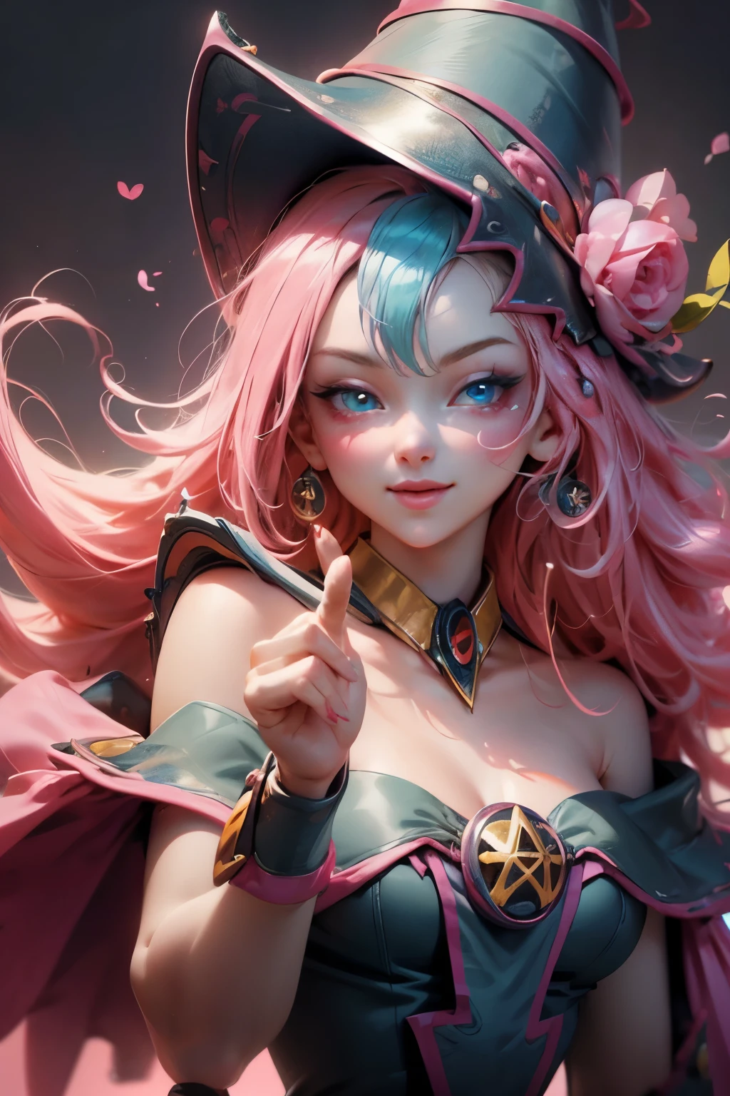 Beautiful face of dark wizard gils., blue eyes. pink lips. bright yellow hair. exposed shoulders, angelic smile, beautiful well detailed face of the dark wizards gils. blowing a kiss. and winking. She is flirtatious with the viewer..