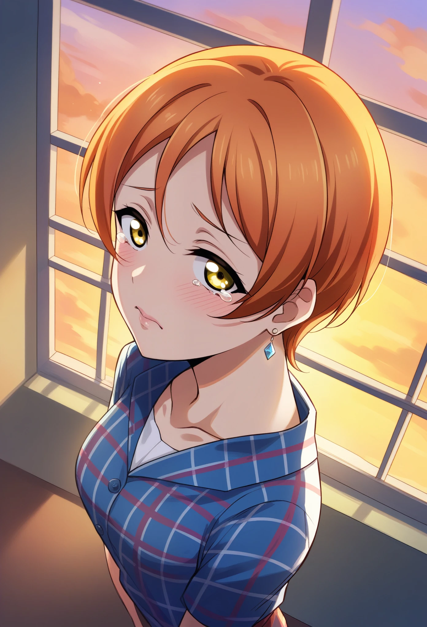 (Masterpiece, Best Quality, High Quality), from side, pov, from above Rin Hoshizora Love Live, orange hair, yellow eyes, cowboy shot, blush, earrings, sky, plaid shirt pants,(lipstick:0.7), medium breasts , shiny eyes ,solo, leaning on window , shiny lips, sunset , sad , looking at viewer, tearing up , semi-closed eyes , collarbone, closed mouth 