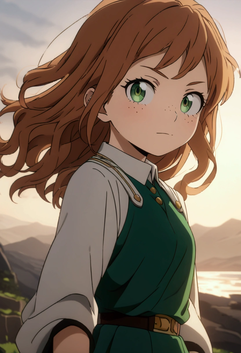 She is a 10 year old kid, ( looking at the Viewer), she has slightly disheveled long ginger hair, light brown eyes, with some freckles on the nose area  , fit body , anime art slyle my hero academy , , cute face , she is dressed in the anime female uniform "my hero academia",   , 8k, high quality, masterpiece, , cinematic, vivid colors, shining green eyes