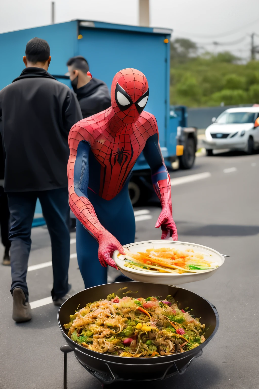 The superhero character Spiderman is selling fried rice using a cart. Hand holding the handle of a frying pan containing fried rice. Around it, many were queuing to buy. At noon. With a background on the side of the highway. Realistic