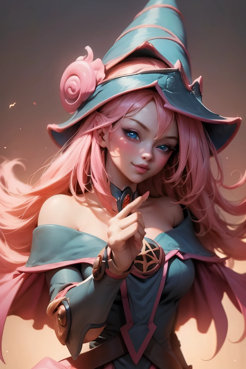 Beautiful face of dark wizard gils., blue eyes. pink lips. long blonde hair. exposed shoulders, angelic smile, beautiful well detailed face of the dark wizards gils. blowing a kiss. and winking. She is flirtatious with the viewer..