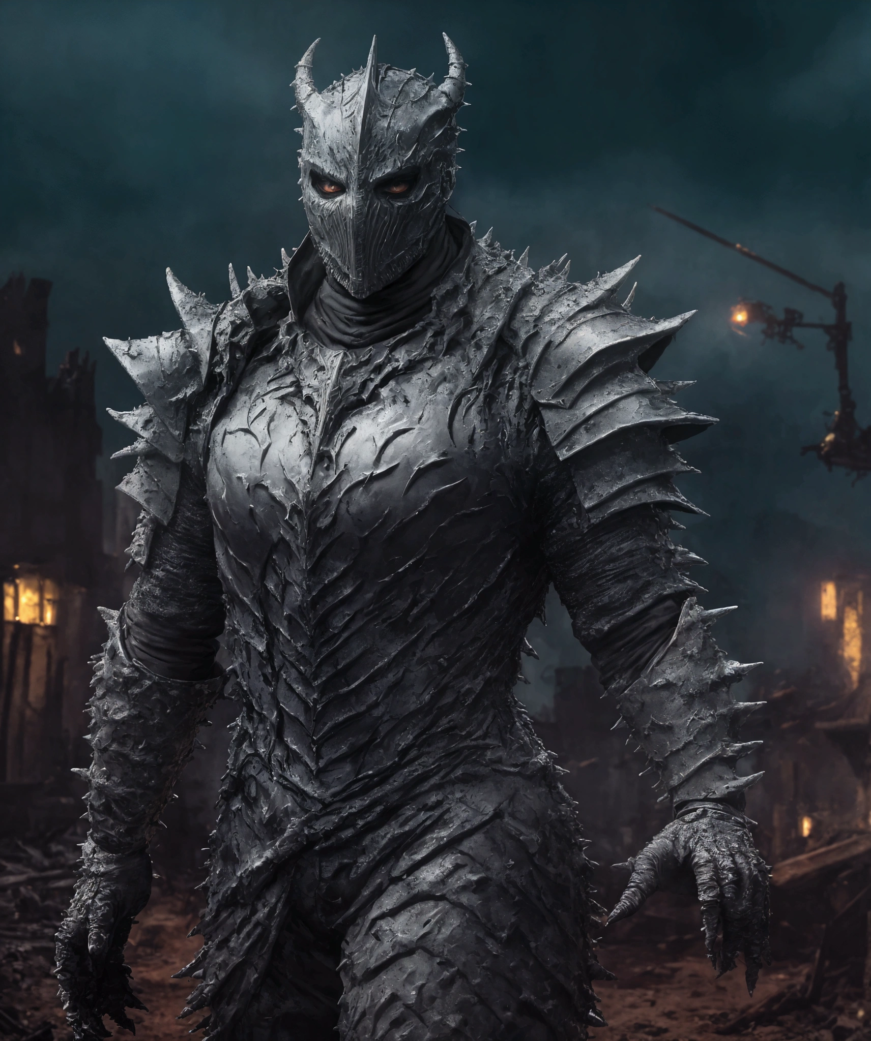 (extremely detailed 8k wallpaper), a medium shot photo of  Grim dressed as a scary masked muddy-supervillain in a sliver and yellow spiked armour made of muddy glowing armour with textured details from marvel, theme, intricate, high detail, dramatic, big mud monster and destroyed buildings in the background
