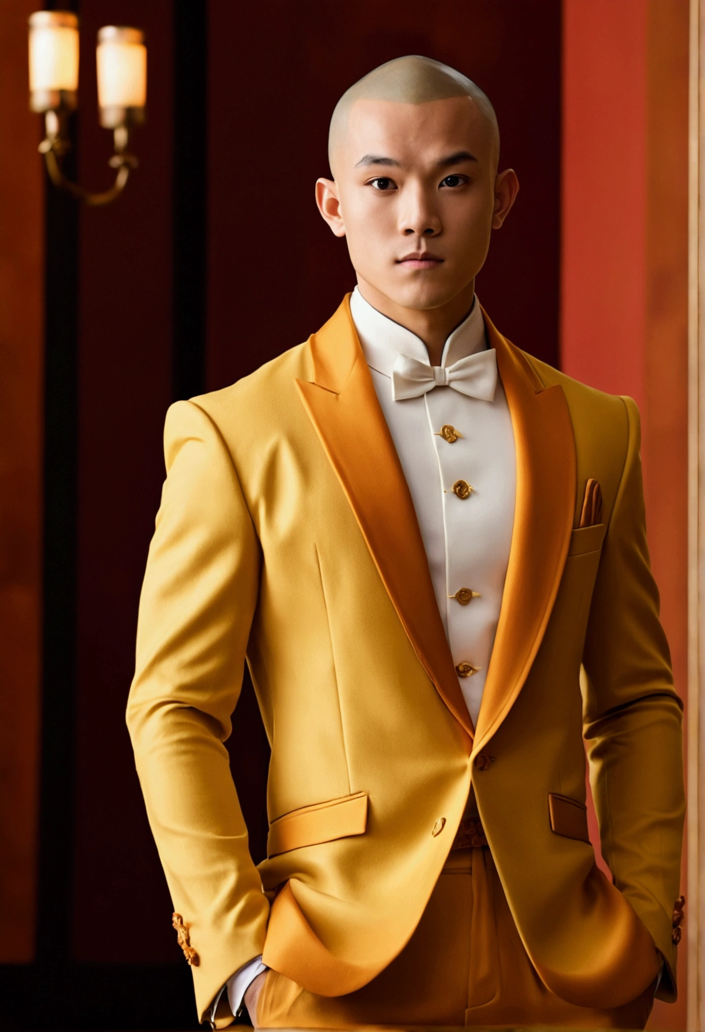 Cinematic photo of Aang from *Avatar: The Last Airbender*, elegantly dressed for a grand celebration ball. His gala outfit combines his monk roots with high-fashion sophistication, portraying him as a sexy, elegant, and muscular figure. Aang wears a golden-yellow monk-style blazer, designed to highlight his well-defined muscles. The blazer is crafted from a lightweight, luxurious fabric that gives it a chic and sophisticated appearance. Its tailored fit accentuates his physique while maintaining a refined and polished look.The ensemble features a flowing orange cape that resembles the lightness and grace of air. The cape billows like a cloud, adding a sense of movement and ethereal elegance to the outfit. Its color and design reflect the air element, enhancing Aang’s connection to his airbending abilities. His wide golden pants complement the blazer, providing a balance of comfort and style. The pants have a relaxed fit, adding a touch of sophistication while remaining in harmony with the overall design of the outfit.Aang’s accessories and hairstyle are minimal but refined, possibly including subtle details that reflect his monk background or airbending heritage. His hair is styled neatly, completing the elegant look. Aang's expression is confident and charming, showcasing his transformation into a glamorous and sexy gala guest. The background features a lavish ballroom setting, with opulent décor and soft, ambient lighting that enhances the beauty of his attire. The high-resolution image captures every detail of his outfit, from the sleek blazer and flowing cape to the wide pants. The dramatic lighting emphasizes Aang’s transformation into an elegant and muscular figure, creating a visually stunning and memorable portrait. --auto--s2, Stock photography, Kodak Portra 400 film, hyperrealistic, realistic texture, dramatic lighting, Cinemastill 800