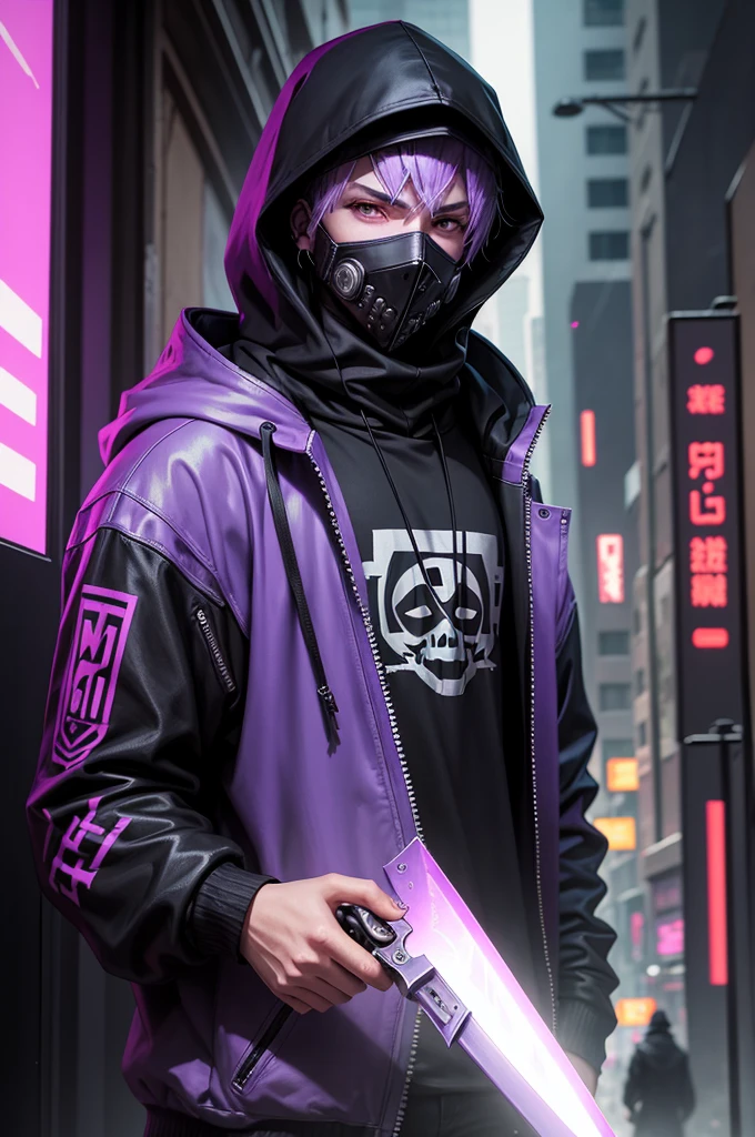 There's a boy wearing a ghost mask and a black hood,with a knife in hand, hiper-realistic cyberpunk style,digital cyberpunk anime style,lavender colors