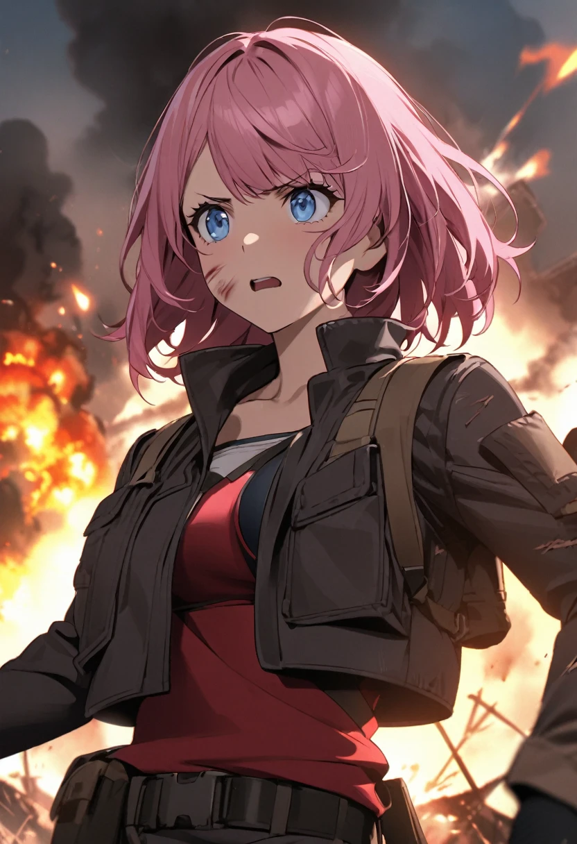 Rebels、civil war、resistance、explosion、Injury、Girl with pink hair、blue eyes、Twin Drill、A scene from a movie
