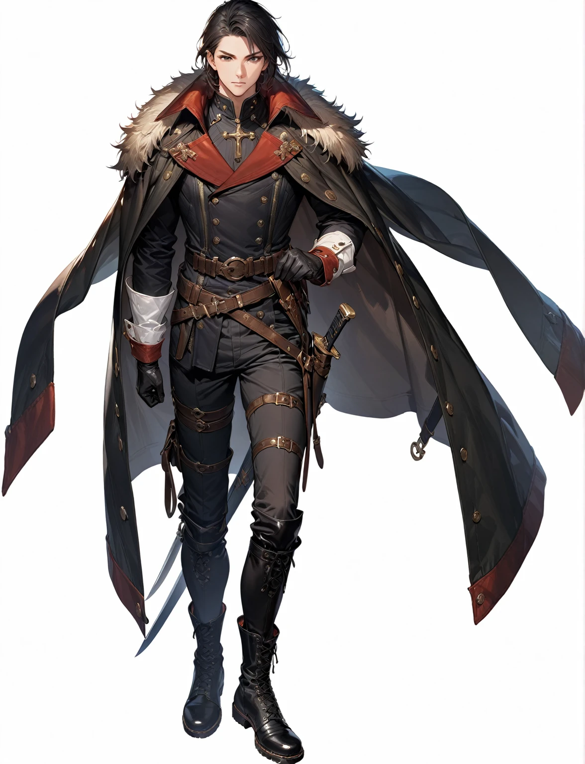 (masterpiece),(best quality),(ultra-detailed),(best illustration),(best shadow),(absurdres),(detailed background),(very aesthetic), 1Male, solo, male-focus, boots, black-hair, fur-trim, looking-at-viewer, standing, sheath, gloves, full-body, pants, jacket-on-shoulders, sheathed, black-footwear, belt, black-pants, black-gloves, jacket, cape, closed-mouth, knife, coat-on-shoulders, coat, stairs, cup, thigh-boots, black-cape, dagger, leather, black-eyes, holster, long-sleeves, indoors, short-hair, thigh-strap, cross-laced-footwear, scabbard,
