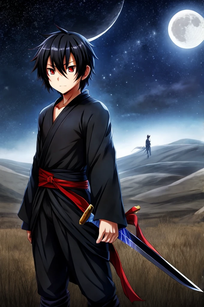 boy, anime, black hair, plains, night, stars, moon, black clothes, ninja, sword, red eyes