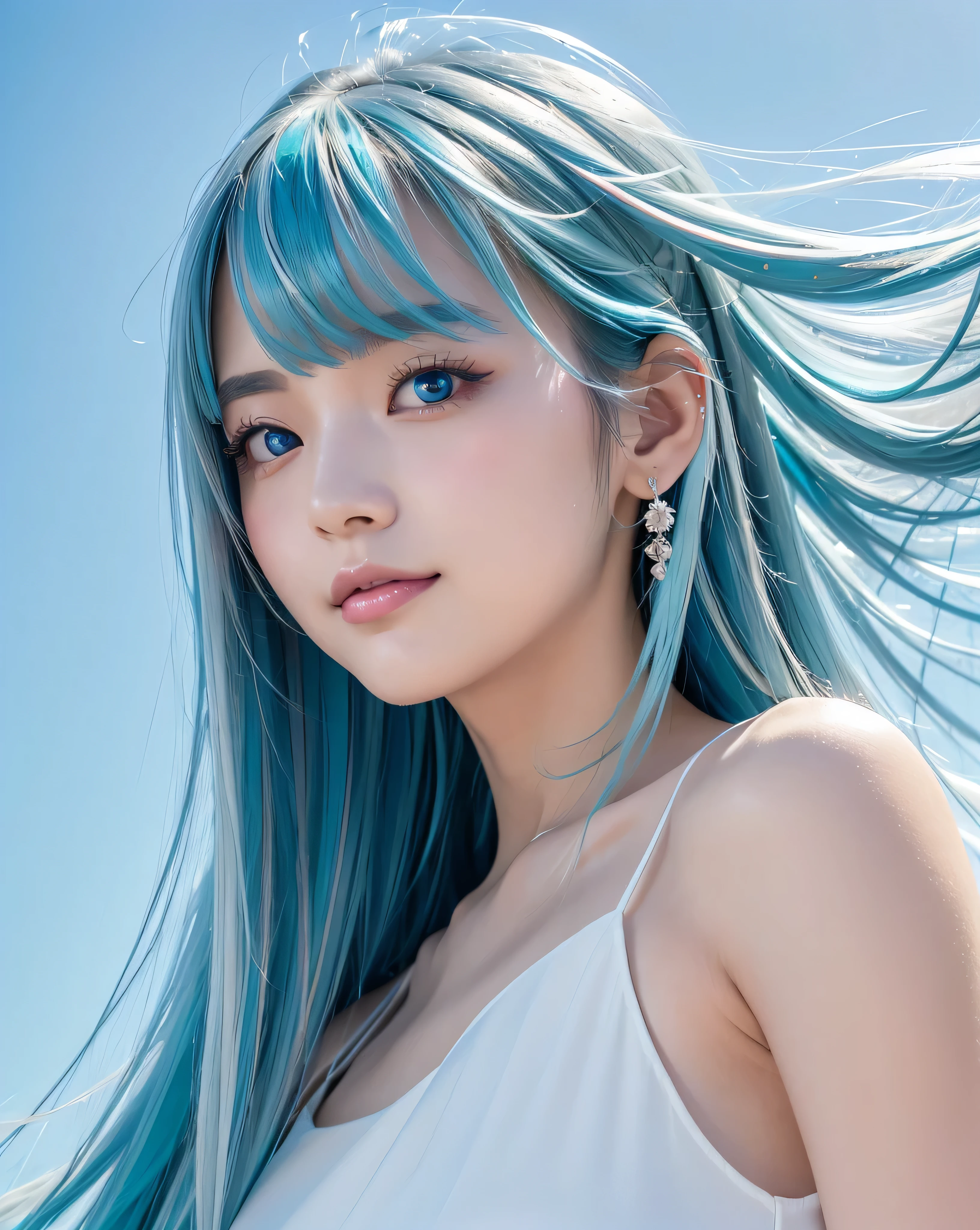 (Highest quality, 32K, High resolution, Masterpiece:1.5), marimo_jet, god々A photograph with brilliant dazzling and healing power., Evoking a sense of calm and elusive beauty, Expressing emotions, Have a rich imagination, Beautiful Japanese Girls, ((Low angle view:1.2)), An exceptionally beautiful face, Small Face Beauty, Perfect Human ???????, Magical big eyes, Motherhood and generosity, Deep Love, fleeting smile, ((Shiny light blue hair:1.3)), ((Beautiful long hair swaying in the wind)), Asymmetrical bangs, Hair between the eyes, Transparent, soft white skin, Sharp eyebrows, Thin lashes, Natural Makeup, Cheek highlighter, Pale pink detailed lips, (White dress:1.4), High resolutionの美しい太もも, Beautiful legs, ((Detailed blue sky background:1.3)), Professional photographer, Professional Lighting, Professional models, God&#39;s Secret