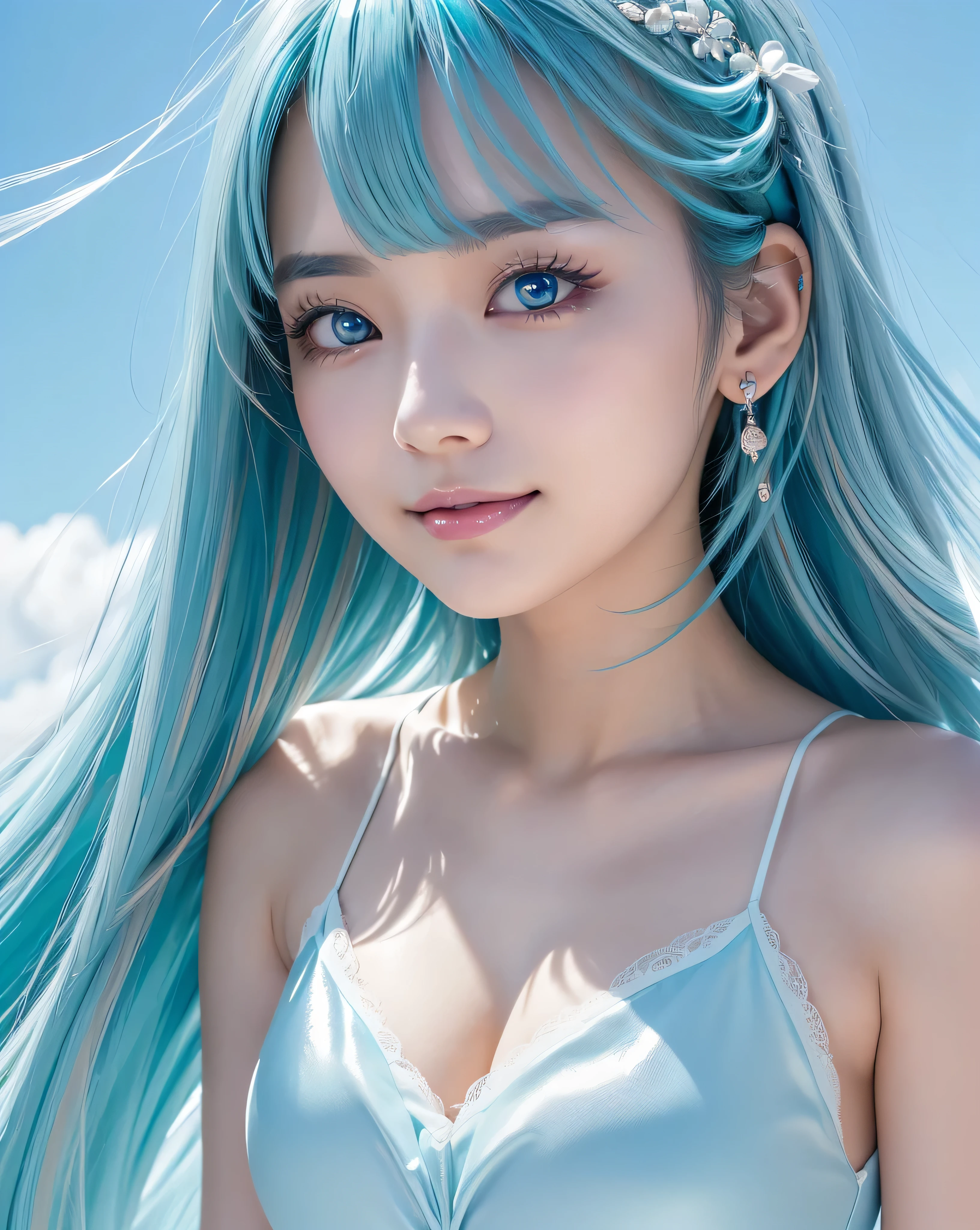 (Highest quality, 32K, High resolution, Masterpiece:1.5), marimo_jet, god々A photograph with brilliant dazzling and healing power., Evoking a sense of calm and elusive beauty, Expressing emotions, Have a rich imagination, Beautiful Japanese Girls, ((Low angle view:1.2)), An exceptionally beautiful face, Small Face Beauty, Perfect Human Anatomy, Magical big eyes, Motherhood and generosity, Deep Love, fleeting smile, ((Shiny light blue hair:1.3)), ((Beautiful long hair swaying in the wind)), Asymmetrical bangs, Hair between the eyes, Transparent, soft white skin, Sharp eyebrows, Thin lashes, Natural Makeup, Cheek highlighter, Pale pink detailed lips, (White dress:1.4), High resolutionの美しい太もも, Beautiful legs, ((Detailed blue sky background:1.3)), Professional photographer, Professional Lighting, Professional models, God's Secret