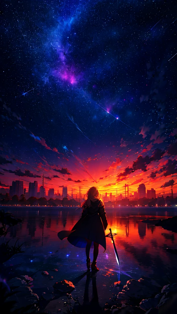 Starry Sky,1people々, Blonde long hair,Long coat,sword,silhouette, Rear View,Space Sky, Anime Style,masterpiece,best quality,ultra detailed,high-resolution,8k portrait,unity 8k wallpaper,extremely detailed CG unity 8k wallpaper
