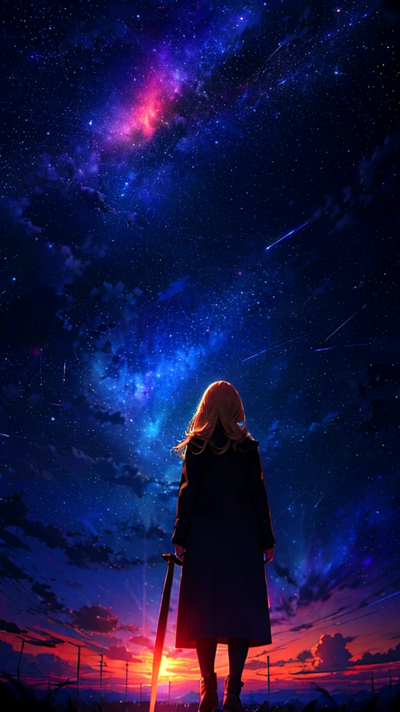 Starry Sky，１people々,　Blonde long hair，Long coat，sword，silhouette， Rear View，Space Sky, Anime Style,masterpiece,best quality,ultra detailed,high-resolution,8k portrait,unity 8k wallpaper,extremely detailed CG unity 8k wallpaper
