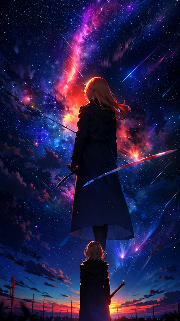 Starry Sky，１people々,　Blonde long hair，Long coat，sword，silhouette， Rear View，Space Sky, Anime Style,masterpiece,best quality,ultra detailed,high-resolution,8k portrait,unity 8k wallpaper,extremely detailed CG unity 8k wallpaper
