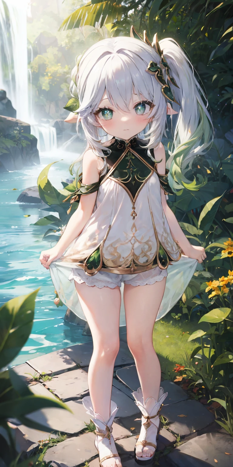 Thick thighs,Nahida,, , ,, flat chest, fullbody, head to toe capture on the frame, lolitoes, thick thighs, bloomers, bend over, showing her bum( butt), outdoor, cute girl, cute , one piece dress