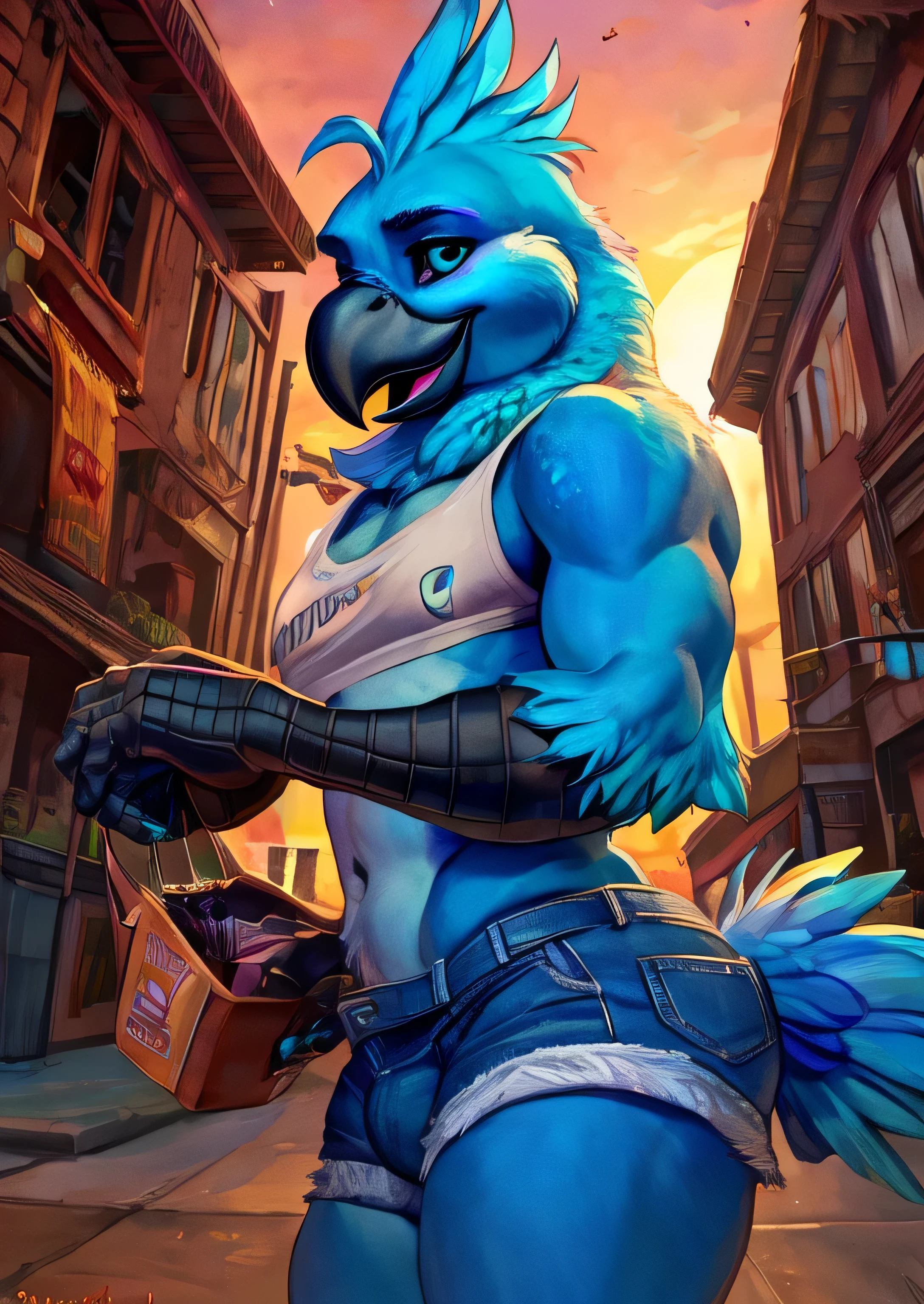 solo male Coby, (((solo))), ((realistic)), cockatiel, anthro, furry, avian, ((clear cyan eyes)), black sclera, long cyan feather mohawk, black beak, blue body with cyan accents, bird feather tail, black bird arms, cyan claws, ((cyan glitter dots on hips)), neck tuft, (bulge,) crotch tuft, ((half-length portrait)), BREAK, (detailed Colin Campbell Cooper blue bird), (feminine, curvy), (((slim))), (skinny), twink, gay, ass, (detailed Bonifasko lighting), (chibi:1.2), (detailed skin), BREAK, (dynamic pose, seductive pose:1.3), (outdoors, ghetto basket ball court at sunset) ((denim shorts, crop top, sneakers, backwards cap, arm warmers)), (cinematic lighting), ((detailed background)), (((three-quarter view))), (half body shadow), (happy, wide eyes, cute), (ass focus), [backlighting], [crepuscular ray], [detailed ambient light], [gray natural lighting], [ambient light on the belly], [higher feather detail], [fluffy feather texture], [realistic proportions], [explict content], [sharp focus], (questionable content), (shaded), ((masterpiece)), BREAK