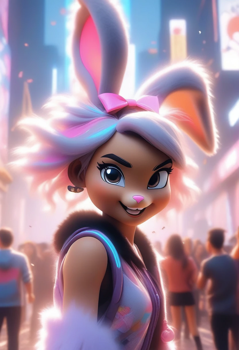 ((Masterpiece)), ((Best Quality)), (Very Detailed), ((Very Detailed)), 4K, (8K), very aesthetic, absurdres highres, 1 girl, (anthropomorphic Rabbit, furry, kemono:1.5), In the night view of the city, a female street dancer is wearing casual street clothes at a street festival and performing a sharp dance performance while being illuminated by neon lights. She has a high ponytail, her movements are fast, and her sweat is glistening. In the background, there is a wall covered in graffiti, and many people in the audience are looking at her with excited expressions. The audience cheers, The audience watched her performance with cries of surprise and excitement.
