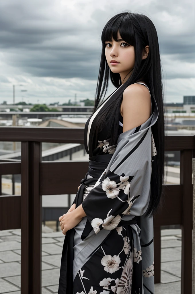 A girl with swarthy skin, shoulder-length black hair, bangs on two sides and dark brown eyes.
In the style of the manga/anime Bleach.
Wearing a shinigami kimono.
Pictureted to the waist, against an overcast sky.