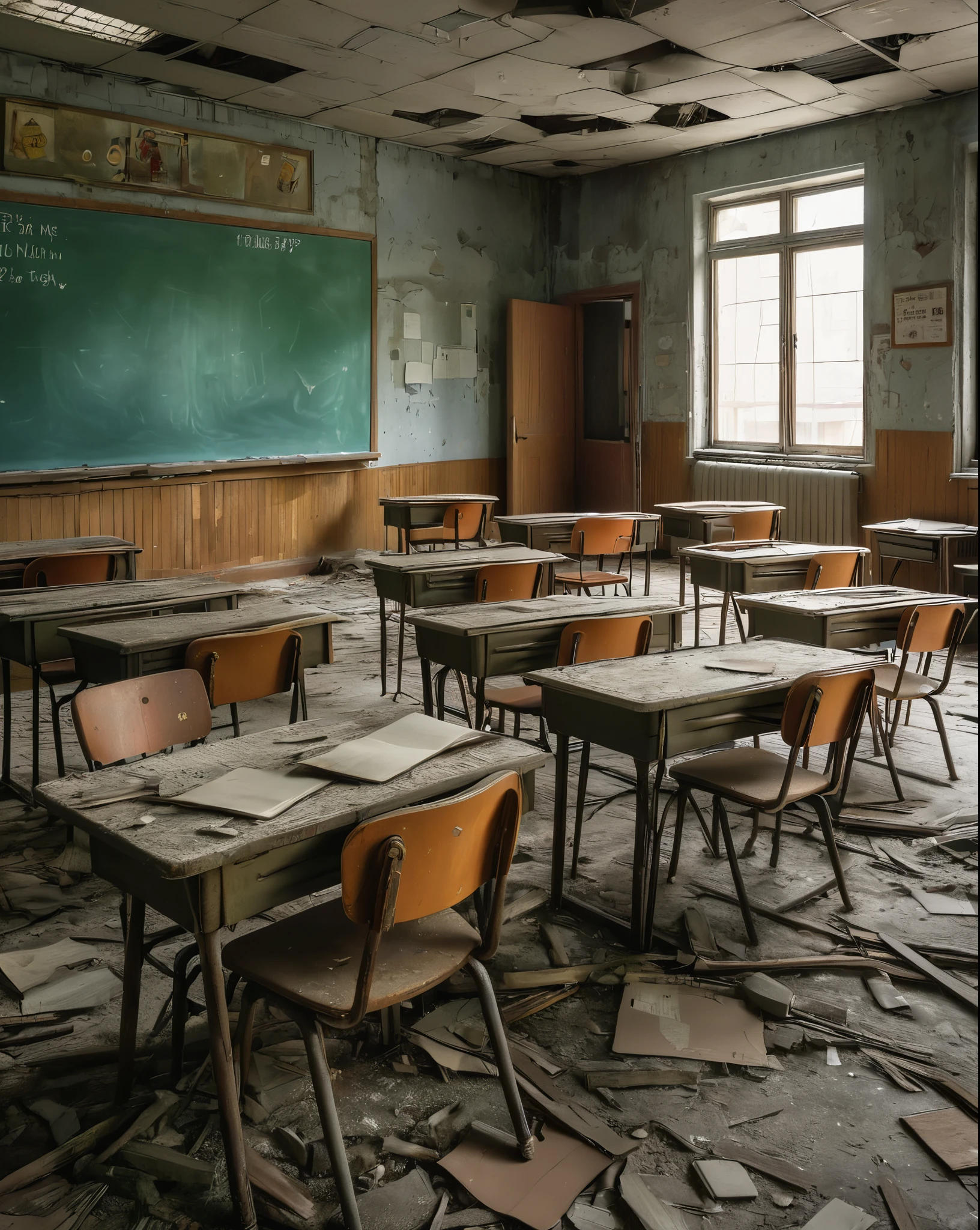 8k, vray, radiosity, HDR, 6000K, perfect light, masterpiece, high resolution, (best quality:1.4), illustrate art, anime style, (intricate emotional details:1.5), (sharpen details), (ultra detailed), (cinematic lighting), chern4byl, enviroment, ruins, dirty, post-apocalyptic school, abandoned classrooms, forgotten knowledge, haunting silence, broken chalkboard, broken desks and chairs