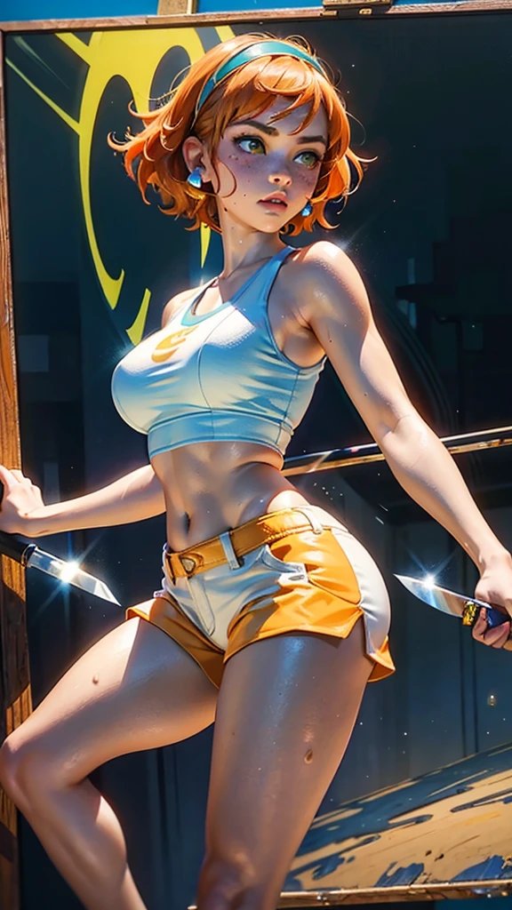 (dancing young girl, isabelmoner-smf, dora), ((((solo dancing))eurodance). dancing on lazer light (Hyper-realistic), Very short orange hair, Green eyes, freckles, white tanktop, Mini Shorts, Sport, sweaty, Average Breasts, earphones, aesthetics, ((oil painting knife)), (headband:0.75),(teal:0.2),(Orange:0.2), (by Jeremy Mann:0.5), (by John Constable:0.1),(by El Greco:0.5),(acrylic paint:0.75), 8K