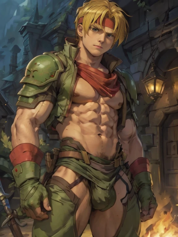 Huge muscles,Huge crotch bulge,Claude,Intense ,armor,Red Bandana,Green Globe,Hero Suit