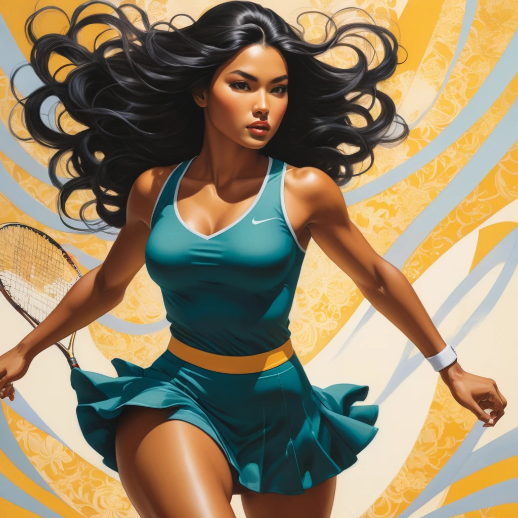 In a color comic book by Kentaro Miura, “Brazilian 1Girl” is captured in mid-action wearing a stylish tennis outfit that matches her style, consisting of a snug, form-fitting top and a short, flared skirt that accentuate her athletic physique, with her dynamic pose and graceful movement brought to life through Miura's signature highly detailed and intricate line work, dramatic shading, and intense, expressive style, emphasizing her curves and adding a powerful, ethereal quality ((more detail, enhanced))