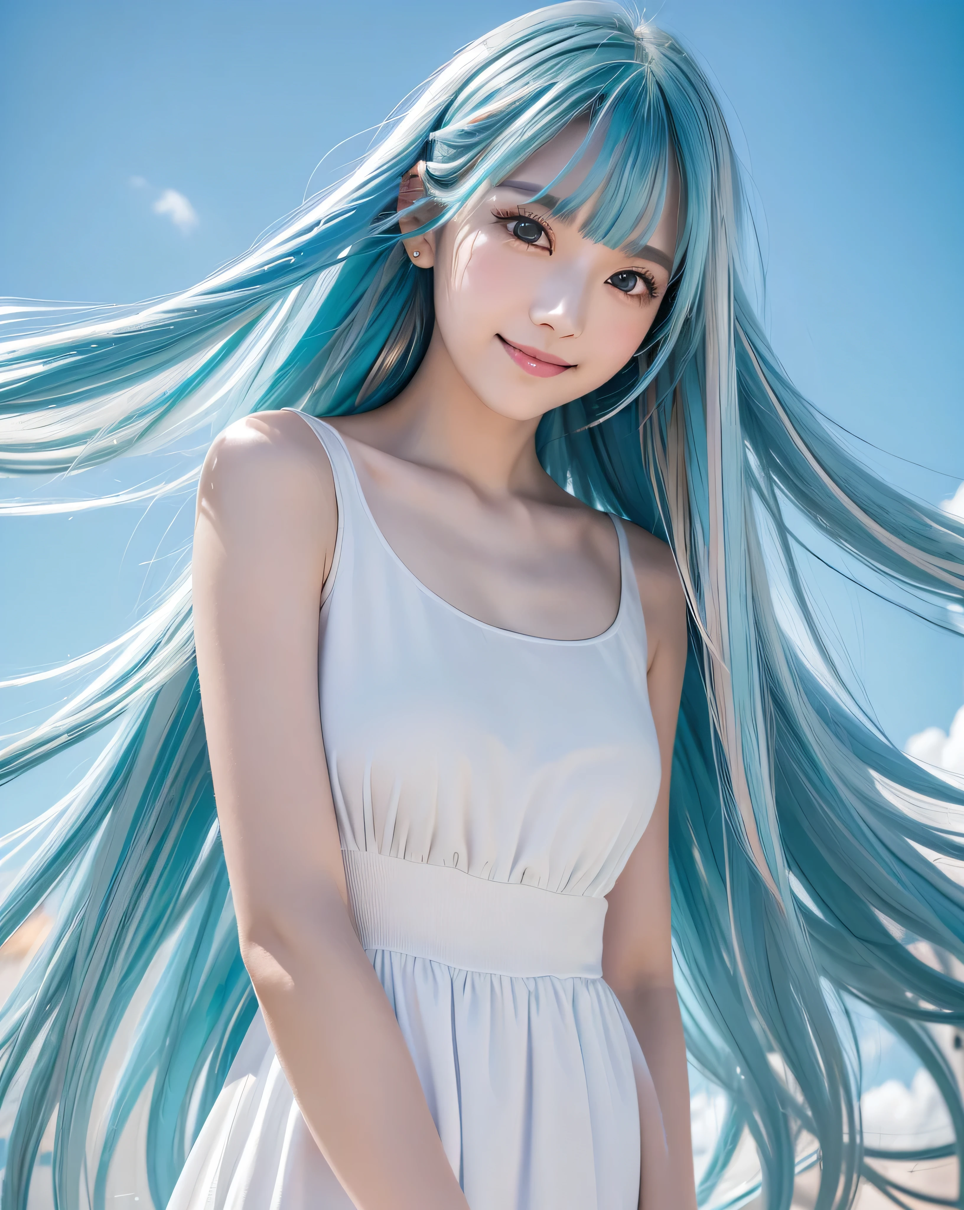 (Highest quality, 32K, High resolution, Masterpiece:1.5), marimo_jet, god々A photograph with brilliant dazzling and healing power., Evoking a sense of calm and elusive beauty, Expressing emotions, Have a rich imagination, Beautiful Japanese Girls, ((Low angle view:1.2)), An exceptionally beautiful face, Small Face Beauty, Perfect Human Anatomy, Magical big eyes, Motherhood and generosity, Deep Love, fleeting smile, ((Shiny light blue hair:1.3)), ((Beautiful long hair swaying in the wind)), Asymmetrical bangs, Hair between the eyes, Transparent, soft white skin, Sharp eyebrows, Thin lashes, Natural Makeup, Cheek highlighter, Pale pink detailed lips, (White dress:1.4), High resolutionの美しい太もも, Beautiful legs, ((Detailed blue sky background:1.3)), Professional photographer, Professional Lighting, Professional models, God's Secret