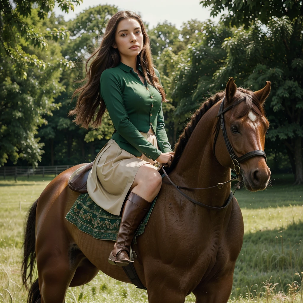 beautiful woman riding a chestnut horse, elegant equestrian, detailed face and eyes, long flowing hair, detailed clothing, lush green meadow background, natural lighting, cinematic mood, photorealistic, 8k, high quality, detailed description