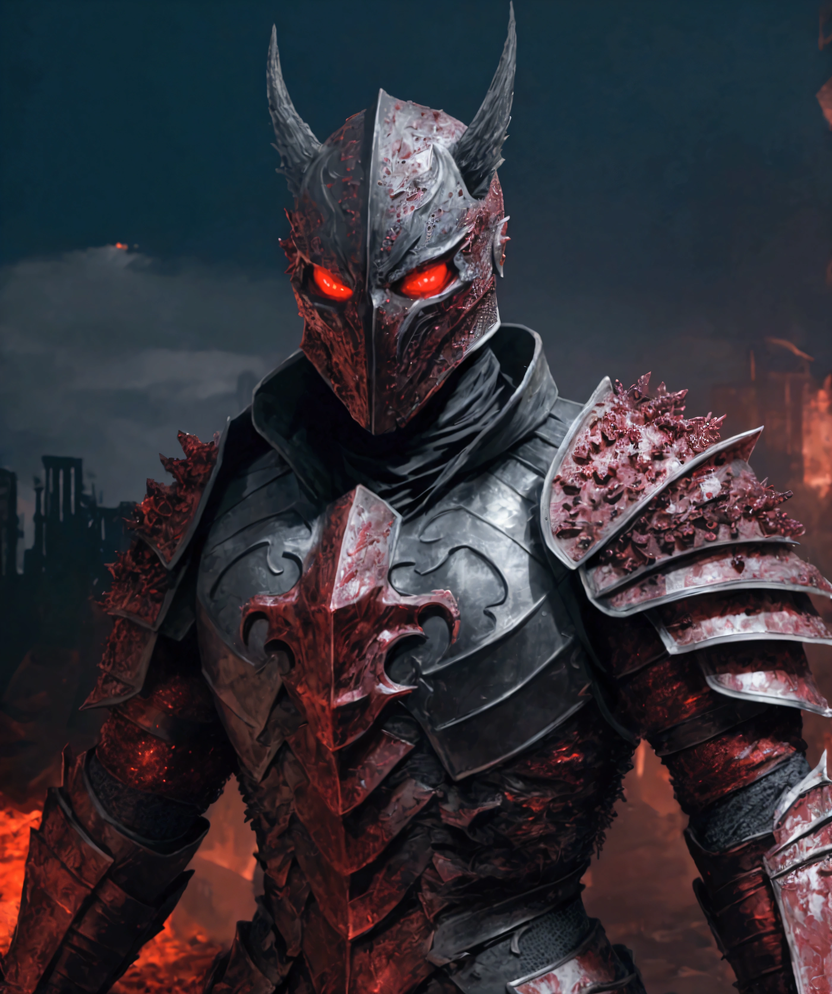 (extremely detailed 8k wallpaper), a medium shot photo of Grim dressed as a scary masked krystal-supervillain in a textured armour made of red crystals glowing armour with textured details from marvel, theme, intricate, high detail, dramatic, big mud monster and destroyed buildings in the background