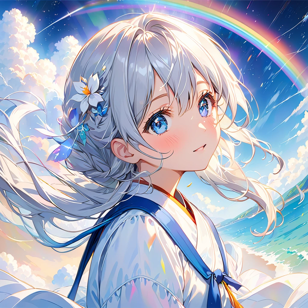 Silver Hair、Your eyes shine with rainbows、The background is space、