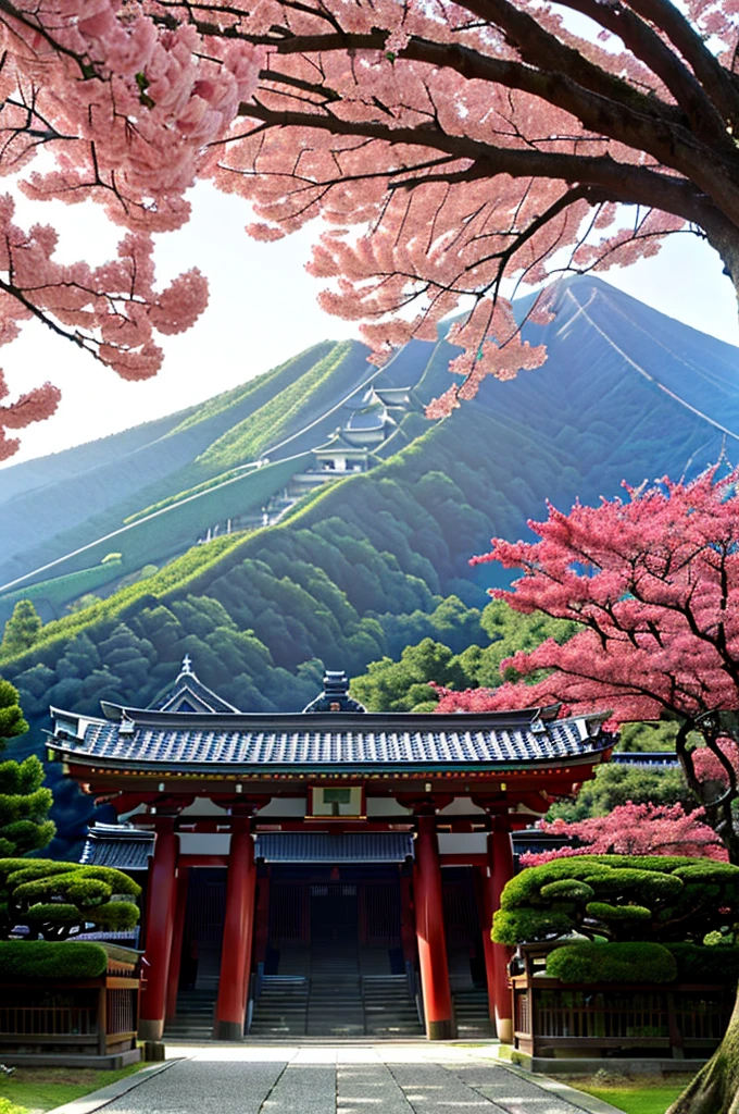 Arafad view of the Toritoli gate and the path leading to the mountain, Mount Japan中的鸟居, Japanese Landscape, Torii gate with trees on the mountain, Japanese Nature, lush Japanese Landscape, Mount Japan, Japanese temples, In-depth travel exploration in Japan, Japan travel美學, Japan travel與探險, Japanese Shrines, Japan travel , ((low angle shot 1.7)) ((Camera lens close to the ground to shoot 1.8))